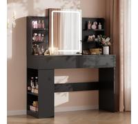 Airfish Tocador de Maquillaje con Espejo y LED Luz Regulable, Mesa de Maquillaje con 2 Cajones y 4 Estantes, Estante Inferior, Vanity de Escritorio Moderno para Dormitorio, 108 x 40 x 136 cm, Negro
