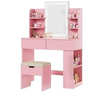 Airfish Tocador de Maquillaje con Espejo y LED Luz Regulable, Mesa de Maquillaje con 2 Cajones y 4 Estantes, Estante Inferior, Vanity de Escritorio Moderno para Dormitorio, 90 x 40 x 135 cm, Rosa