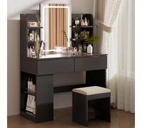 Airfish Tocador de Maquillaje con Espejo y LED Luz Regulable, Mesa de Maquillaje con 2 Cajones y 4 Estantes, Estante Inferior, Vanity de Escritorio Moderno para Dormitorio, 90 x 40 x 135 cm, Negro