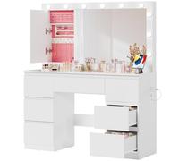 Airfish Tocador de Maquillaje Grande con Luces LED Regulables y enchufes, Mesa de Maquillaje con Espejo, Mesa de Tocador con 7 cajones y Organizador de Joyas, 120x40x140 CM Moderno, Blanco