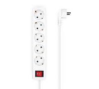 AISENS Base Multiple 5 Tomas con Interruptor con Cable 3×1.5mm2, Blanco, 1.4 m