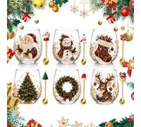 AIUTG Juego de caja de regalo de colección de copas de vino navideñas, 6 vasos de vidrio navideños con patrones navideños variados y cucharas decorativas a juego(6PC#2)