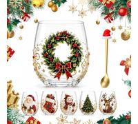 AIUTG Juego de caja de regalo de colección de copas de vino navideñas, 6 vasos de vidrio navideños con patrones navideños variados y cucharas decorativas a juego(E2#)