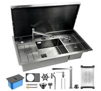 AIVANOTO 90x50cm fregadero cocina oculto acero inoxidable, con tapa, grifo plegable, enjuagadora de tazas, bote de basura, kit de drenaje, dispensador de jabón, pomo de desagüe, grande 1 seno