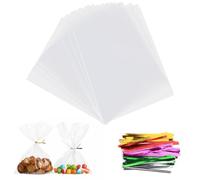 AIVEKE 100 Piezas Bolsas de Celofán - 10 x 15 cm Bolsas de Regalo Transparentes Bolsas de Caramelo con 100 Cintas Metálicas para Caramelos Galletas Pan Chocolates