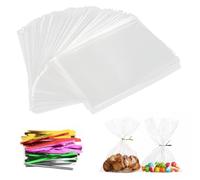 AIVEKE 100 Piezas Bolsas de Celofán -15 x 25 cm Bolsas de Regalo Transparentes Bolsas de Caramelo con 100 Cintas Metálicas para Caramelos Galletas Pan Chocolates