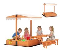 AIYAPLAY Arenero para Niños de Madera con Toldo Ajustable, Mesa Plegable de Picnic con Banco, Arenero Infantil con Asientos, Cubierta, para 6 Niños 3-8 Años, para Patio, Jardín, 184x110x120 cm, Marrón