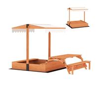 Aiyaplay arenero para niños de madera con toldo ajustable, mesa plegable de picnic con banco, arenero infantil con asientos, cubierta, para 6 niños 3-8 años, para patio, jardín, 184x110x120 cm, marrón