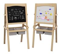 AIYAPLAY Caballete para Niños 3 en 1 de Madera Pizarra Caballete de Doble Cara y Pizarra Blanca para Dibujo con Rollo de Papel y dos Cestas 58x50,5x109 cm Natural