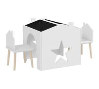 AIYAPLAY Conjunto 1 mesa y 2 silla 3 piezas para niños, tablero de pizarra, MDF y patas de pino, para 3-8 años, Blanco Aosom España