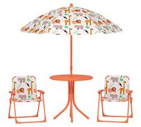 AIYAPLAY Conjunto de jardín infantil, mesa para niños con 2 sillas plegables y parasol Ø 100 cm, motivo animal, naranja Aosom España