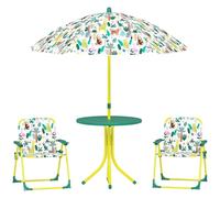 AIYAPLAY Conjunto mesa y sillas infantil 4 piezas – plegables, sombrilla desmontable jungla verde