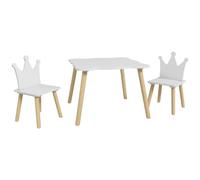 AIYAPLAY Conjunto Infantil de Mesa y 2 Sillas con Respaldo en Forma de Corona para Lectura y Dibujo 60x60x44 cm Blanco y Madera