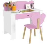 AIYAPLAY Juego de Escritorio para niños con Silla, Mesa de Estudio con cajón, Respaldo en Forma de Osito de Peluche, de 3 a 8 años, Rosa