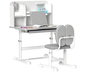 AIYAPLAY Juego de Escritorio y Silla para Niños de +3 Años, Pupitre Infantil Altura Ajustable con Tablero Inclinable, Cajón y Estantes, Respaldo Acolchado, para Libros, 80x55x107,5 cm, Gris