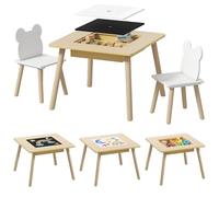 AIYAPLAY Juego de Mesa y 2 Sillas Infantiles de Madera, Mesa Infantil con Sillas, con Pizarra, Respaldo en Forma de Osito y Compartimentos, para Niños, para Guardería, Dormitorio, Natural y Blanco