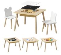 AIYAPLAY Juego de Mesa y 2 Sillas Infantiles de Madera, Mesa Infantil con Sillas, con Pizarra, Respaldo en Forma de Osito y Compartimentos, para Niños, para Guardería, Dormitorio, Natural y Blanco