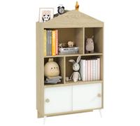 AIYAPLAY Librería Infantil con 4 Compartimentos Estantes Abiertos y Armario 80x30x140,5 cm Blanco y Natural