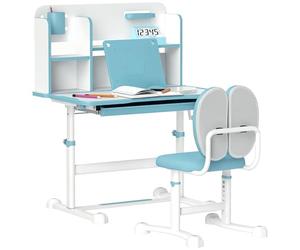 AIYAPLAY Set Escritorio Silla Infantil Altura Ajustable Azul | 3-12 años, escritorio escolar, tapa inclinable 45°, cajón, estante, portalápices, atril, acero MDF