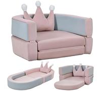 AIYAPLAY Sofá Infantil Convertible, Sofá para Niños con Cojín de Corona, Plegable en Cama y Zona de Juego, Tapizado de Terciopelo Suave, para Niños 18-36 Meses, Rosa y Azul Grisáceo