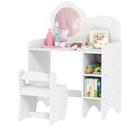 AIYAPLAY Tocador de Maquillaje Niña, 2 en 1, Escritorio, Tocador Infantil con Taburete, Espejo en Forma de Flor, Estantes Abiertos, para Niños +3 Años, Blanco