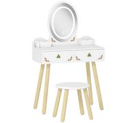 AIYAPLAY Tocador de Maquillaje Niña con Luces LED de 3 Colores Taburete Espejo 2 Cajones 2 Cajas de Almacenaje Blanco