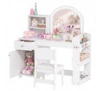 AIYAPLAY Tocador de Maquillaje Niña, Tocador Infantil con Taburete y Espejo con Luces LED, 1 Cajón, Armario y 5 Estantes, para Niños de 3 a 8 Años, Blanco