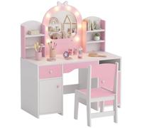 AIYAPLAY Tocador de Maquillaje Niña Espejo de LED 2 Colores Taburete Rosa | 2 Armarios, Cajón, Estantes, Compartimento Abierto, Tocador Infantil para Niños 3-8 Años, para Habitación Infantil