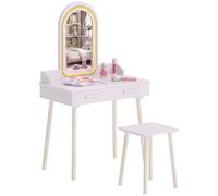 AIYAPLAY Tocador de Maquillaje Niña con Espejo de LED de 3 Colores Rosa | Taburete, 2 Cajones, Tocador Infantil, para Niños de 3 a 8 Años, para Habitación Infantil