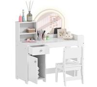 AIYAPLAY Tocador de Maquillaje Niña, Tocador Infantil con Taburete y Espejo con Luces LED, 1 Cajón, Armario y 5 Estantes, para Niños de 3 a 8 Años, Blanco