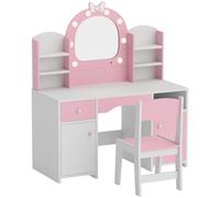 AIYAPLAY Tocador de Maquillaje para Niñas con Espejo LED de 2 Colores Taburete 2 Armarios Cajón Estantes Compartimento Rosa Aosom España