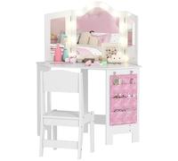 AIYAPLAY Tocador Infantil 2 en 1 con Taburete, Escritorio para niñas con Espejo tríptico y Luces LED Bicolor, Bolsillo Lateral de Almacenamiento, Mesa de Maquillaje para niños de 3 a 8 años, Blanco