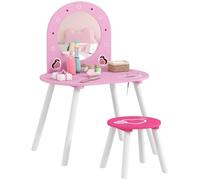 AIYAPLAY Tocador Infantil con Taburete y Espejo, Tocador para Niñas con Dibujos de Corazones, Mesa de Maquillaje para Niños y Niñas de 3-6 Años, Rosa