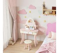 AIYAPLAY Tocador Infantil, Set de Tocador con Taburete, Cajón y Espejo Extraíble Rosa