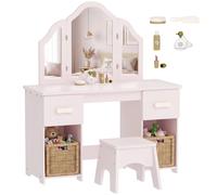 AIYAPLAY Tocador para Niñas 2 en 1 con Taburete a Partir de 3 Años Rosa | Tocador de Maquillaje Niñas, Escritorio, 3 Espejos Desmontables, 2 Cajones, 2 Armarios, 6 Accesorios
