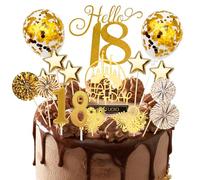 AIYONG Happy 18th Birthday Decoración para Tartas, 18 años Niña Niño pastel Topper, Oro con Glitter Estrella Globo Pastel Topper para Fiesta de Cumpleaños Aniversario Niñas Niños 18 años