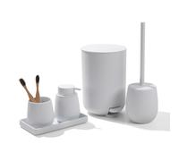 AJEUNGAIN Juego de Baño Accesorios Completo, 5 Piezas Set de Baño Moderno - Dispensador de Jabón, Soporte Cepillo de Dientes, Cubos de Basura para Baño, Escobillero, Bandeja para Organizar (Blanco)