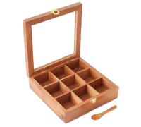 Ajuny Caja de Especias de Madera de 8x8 pulgadas - Organizador Decorativo Masala Dabba con Tapa de Vidrio, 9 Compartimentos Fijos y Cuchara, Almacenamiento Ideal para Condimentos y Hierbas