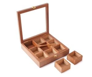 Ajuny Caja Especias de Madera Tapa Vidrio 9 Non Fijo Compartimentos/Cuchara