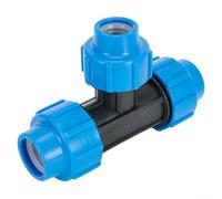 Ajuste en T reductor de material PP para tubos de PE con orientación de 90 grados y clasificación de presión de 16 bar (25 mm x 20 mm x 25 mm)