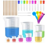 Akamino Juego de 35 tazas medidoras con cucharas mezcladoras, palos y cuentagotas, jarras medidoras de plástico resistentes al calor, vasos graduados de laboratorio para cocina, bricolaje, ciencia