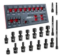AKM TOOL Juego de llaves de impacto universales de 1/4 pulgadas, juego de llaves giratorias de 18 piezas, enchufe universal de 6 puntos, métrico, Cr-Mo