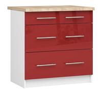 AKORD | Armario de cocina con encimera - Oliwia S80 | Mueble bajo con 3 cajones | Armario de cocina bajo de 80 cm de ancho | 46x80x85 cm | Blanco | Rojo brillante