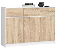 AKORD Cajonera K 140 cm | 3 cajones y 3 puertas | Moderno mueble para salón, comedor, dormitorio, pasillo y baño | Panel laminado de 16 mm | Wit/Sonoma