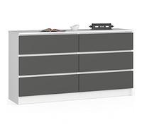 AKORD Cómoda K-140 con 6 cajones (2 x 3) para el salón, dormitorio, armario, oficina, estudio, diseño funcional moderno, 138 x 77 x 40 cm, peso 51 kg, color blanco y gris grafito