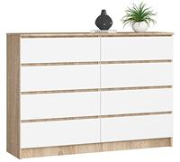 AKORD Cómoda K-140 con cajones (2x4) cajones|para el Salón, Dormitorio, Armario, Oficina, Estudio | Diseño Moderno y Funcional | An.138 x Al.99 x F.40 cm, Peso 72 kg|Roble Sonoma/Blanco