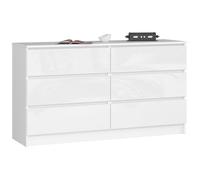 AKORD Cómoda K140 138 cm, 6 cajones, Blanco Brillante | 138 x 77 x 40 cm para salón, mueble de dormitorio, mueble de almacenamiento para sala de estudio y oficina