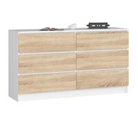 AKORD Cómoda K140 138 cm, 6 cajones, Blanco - Frontal Roble Sonoma | 138 x 77 x 40 cm para salón, mueble de dormitorio, mueble de almacenamiento para sala de estudio y oficina
