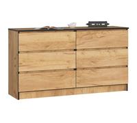 AKORD Cómoda K140 138 cm, 6 cajones, Roble Craft | 138 x 77 x 40 cm para salón, mueble de dormitorio, mueble de almacenamiento para sala de estudio y oficina
