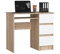 Escritorio de ordenador akord a6 roble sonoma de 90 cm con 3 cajones a la derecha color blanco mate 1 estante 90x50x77 cm